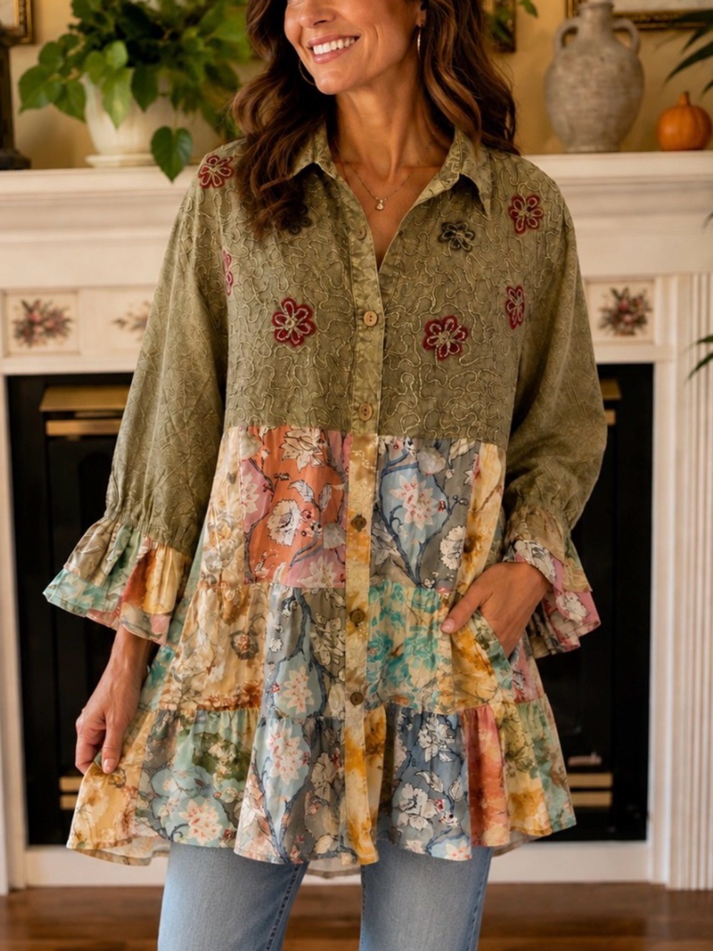Young Threads MED Boho Patchwork Floral Button-Front Tunic Top - Olive NWT